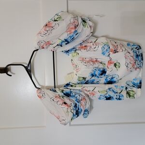 Floral Women's Top - White with Blue and Pink Accents